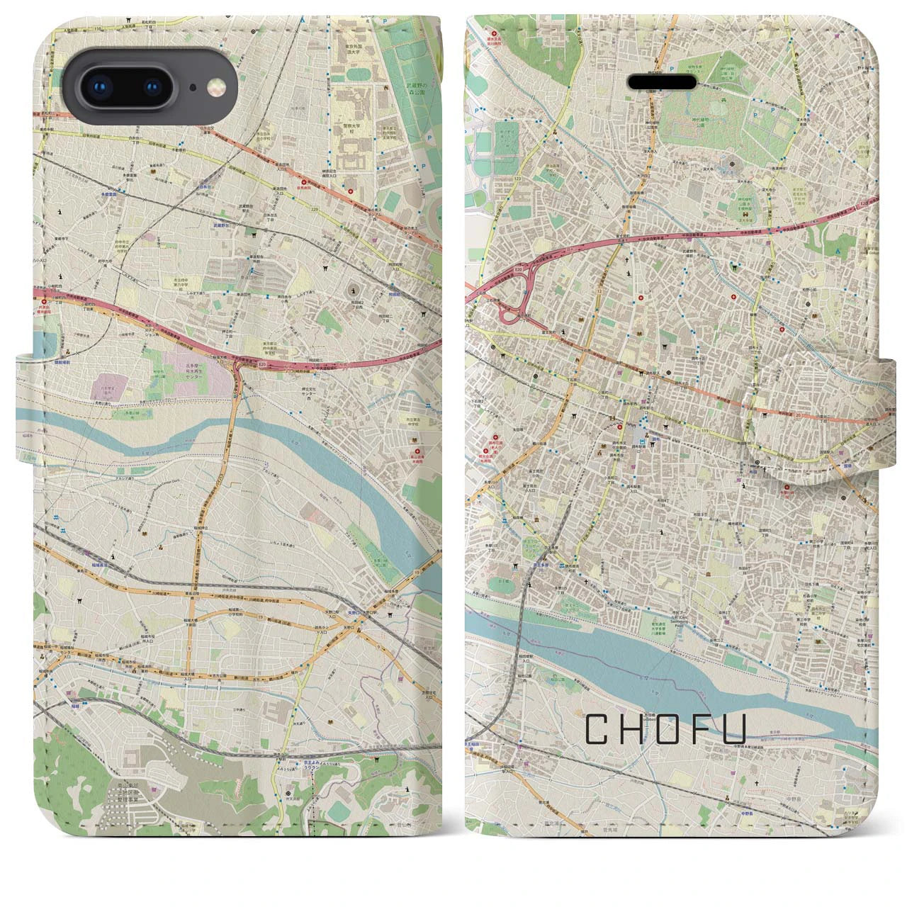 【調布】地図柄iPhoneケース（手帳両面タイプ・ナチュラル）iPhone 8Plus /7Plus / 6sPlus / 6Plus 用