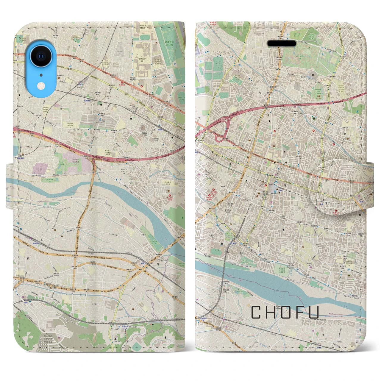 【調布】地図柄iPhoneケース（手帳両面タイプ・ナチュラル）iPhone XR 用