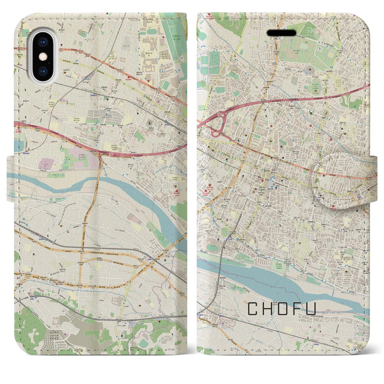 【調布】地図柄iPhoneケース（手帳両面タイプ・ナチュラル）iPhone XS Max 用