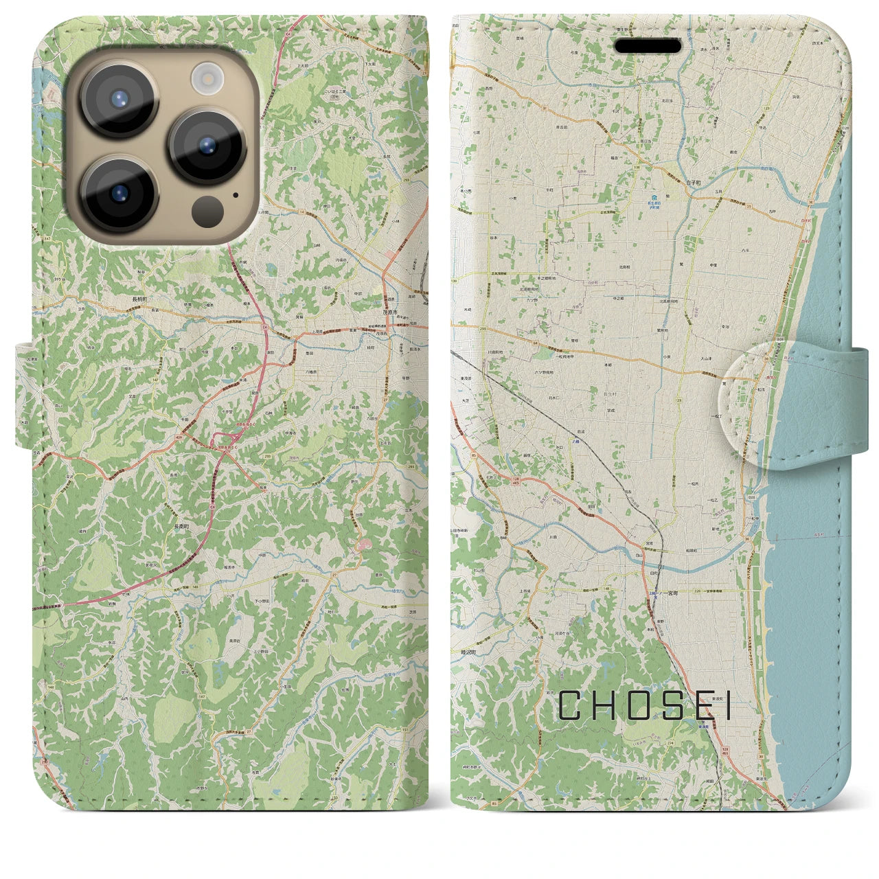 【長生】地図柄iPhoneケース（手帳両面タイプ・ナチュラル）iPhone 14 Pro Max 用