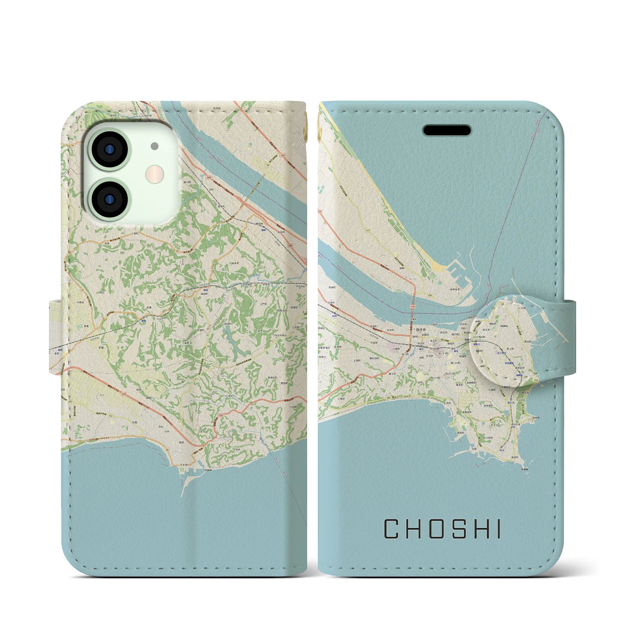 【銚子】地図柄iPhoneケース（手帳両面タイプ・ナチュラル）iPhone 12 mini 用
