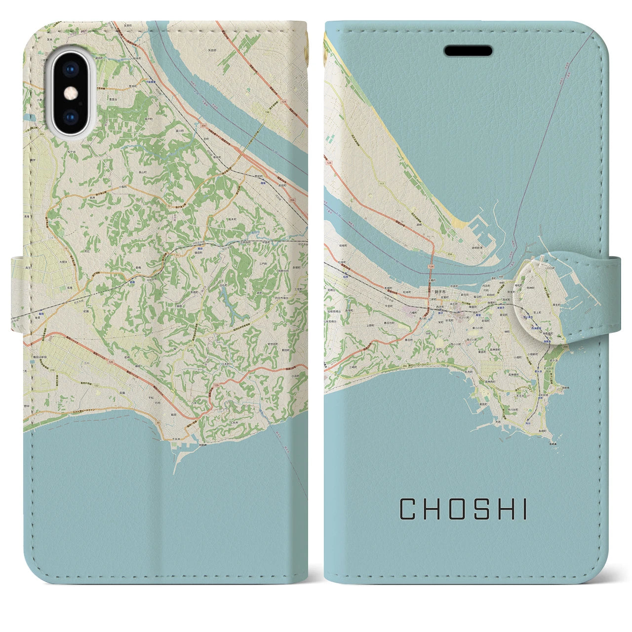 【銚子】地図柄iPhoneケース（手帳両面タイプ・ナチュラル）iPhone XS Max 用