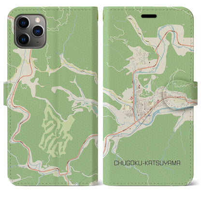 【中国勝山（岡山県）】地図柄iPhoneケース（手帳タイプ）ナチュラル・iPhone 11 Pro Max 用