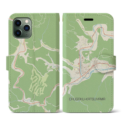 【中国勝山（岡山県）】地図柄iPhoneケース（手帳タイプ）ナチュラル・iPhone 11 Pro 用