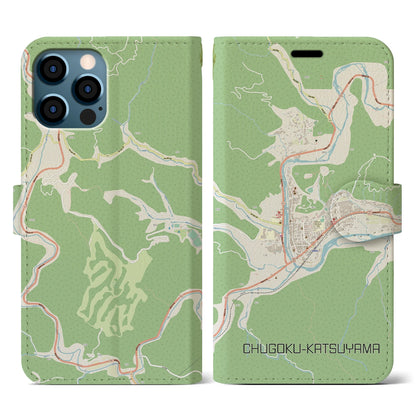 【中国勝山（岡山県）】地図柄iPhoneケース（手帳タイプ）ナチュラル・iPhone 12 / 12 Pro 用