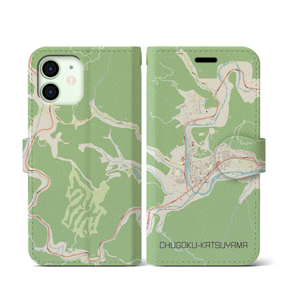 【中国勝山（岡山県）】地図柄iPhoneケース（手帳タイプ）ナチュラル・iPhone 12 mini 用