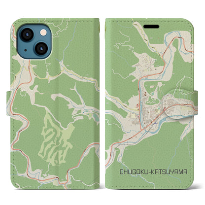 【中国勝山（岡山県）】地図柄iPhoneケース（手帳タイプ）ナチュラル・iPhone 13 用