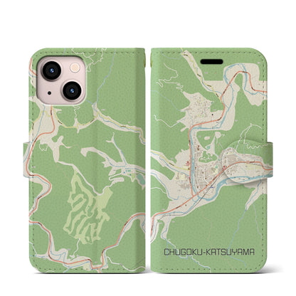 【中国勝山（岡山県）】地図柄iPhoneケース（手帳タイプ）ナチュラル・iPhone 13 mini 用