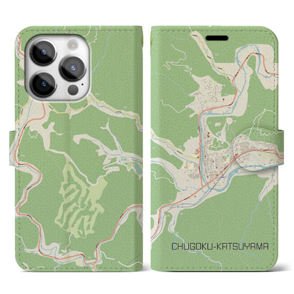 【中国勝山（岡山県）】地図柄iPhoneケース（手帳タイプ）ナチュラル・iPhone 14 Pro 用