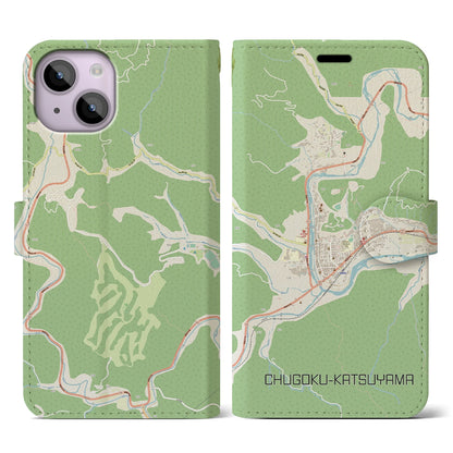 【中国勝山（岡山県）】地図柄iPhoneケース（手帳タイプ）ナチュラル・iPhone 14 用