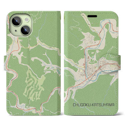 【中国勝山（岡山県）】地図柄iPhoneケース（手帳タイプ）ナチュラル・iPhone 15 用