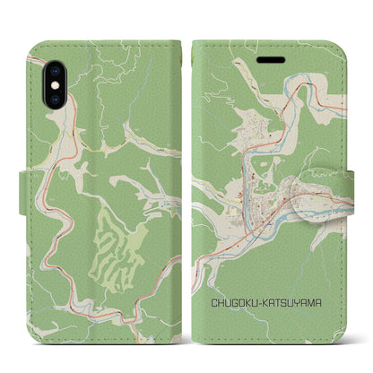 【中国勝山（岡山県）】地図柄iPhoneケース（手帳タイプ）ナチュラル・iPhone XS / X 用