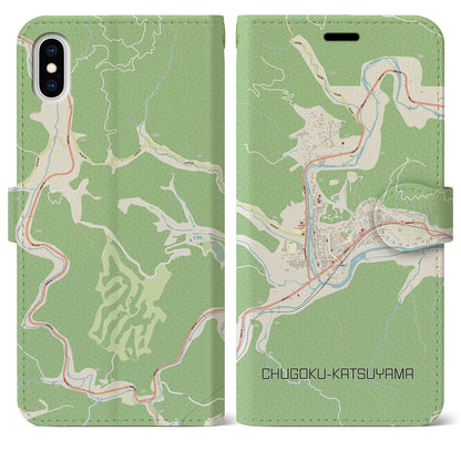 【中国勝山（岡山県）】地図柄iPhoneケース（手帳タイプ）ナチュラル・iPhone XS Max 用