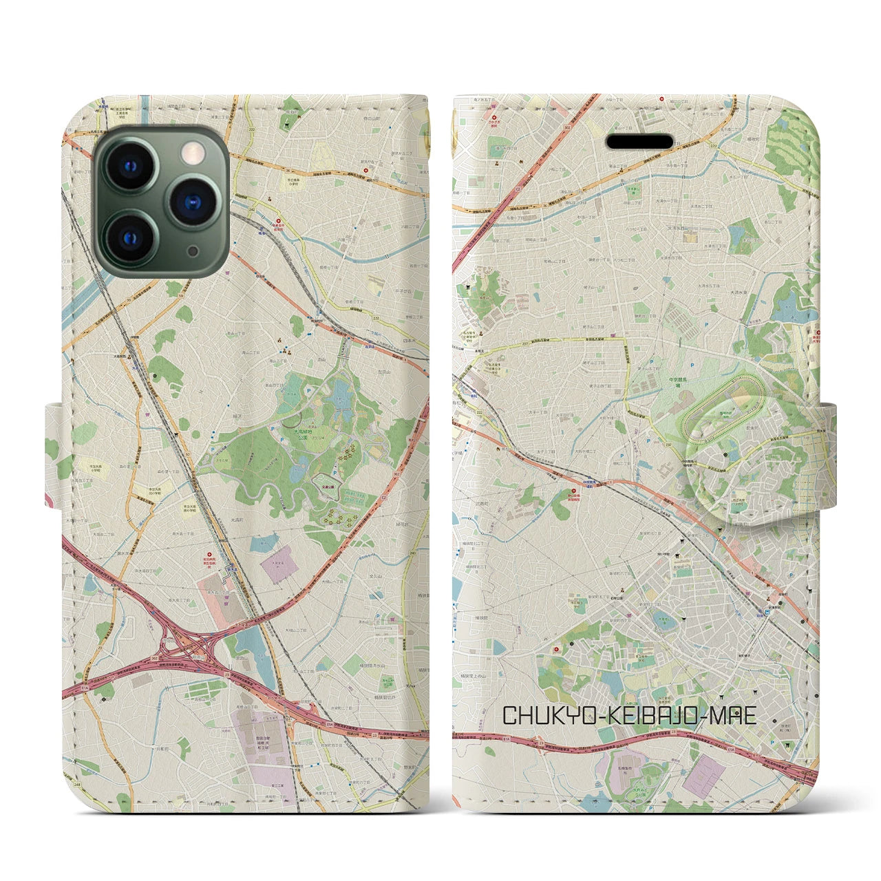 【中京競馬場前】地図柄iPhoneケース（手帳両面タイプ・ナチュラル）iPhone 11 Pro 用