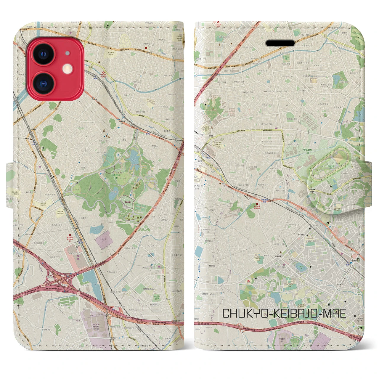 【中京競馬場前】地図柄iPhoneケース（手帳両面タイプ・ナチュラル）iPhone 11 用