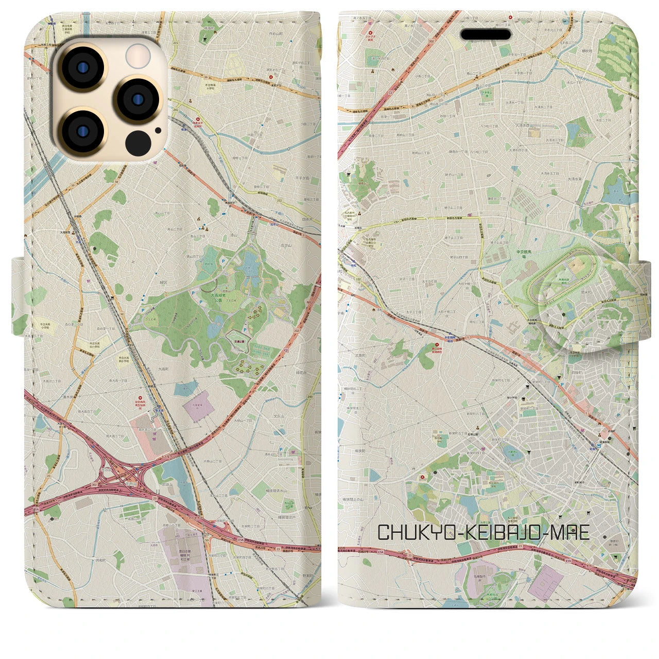 【中京競馬場前】地図柄iPhoneケース（手帳両面タイプ・ナチュラル）iPhone 12 Pro Max 用