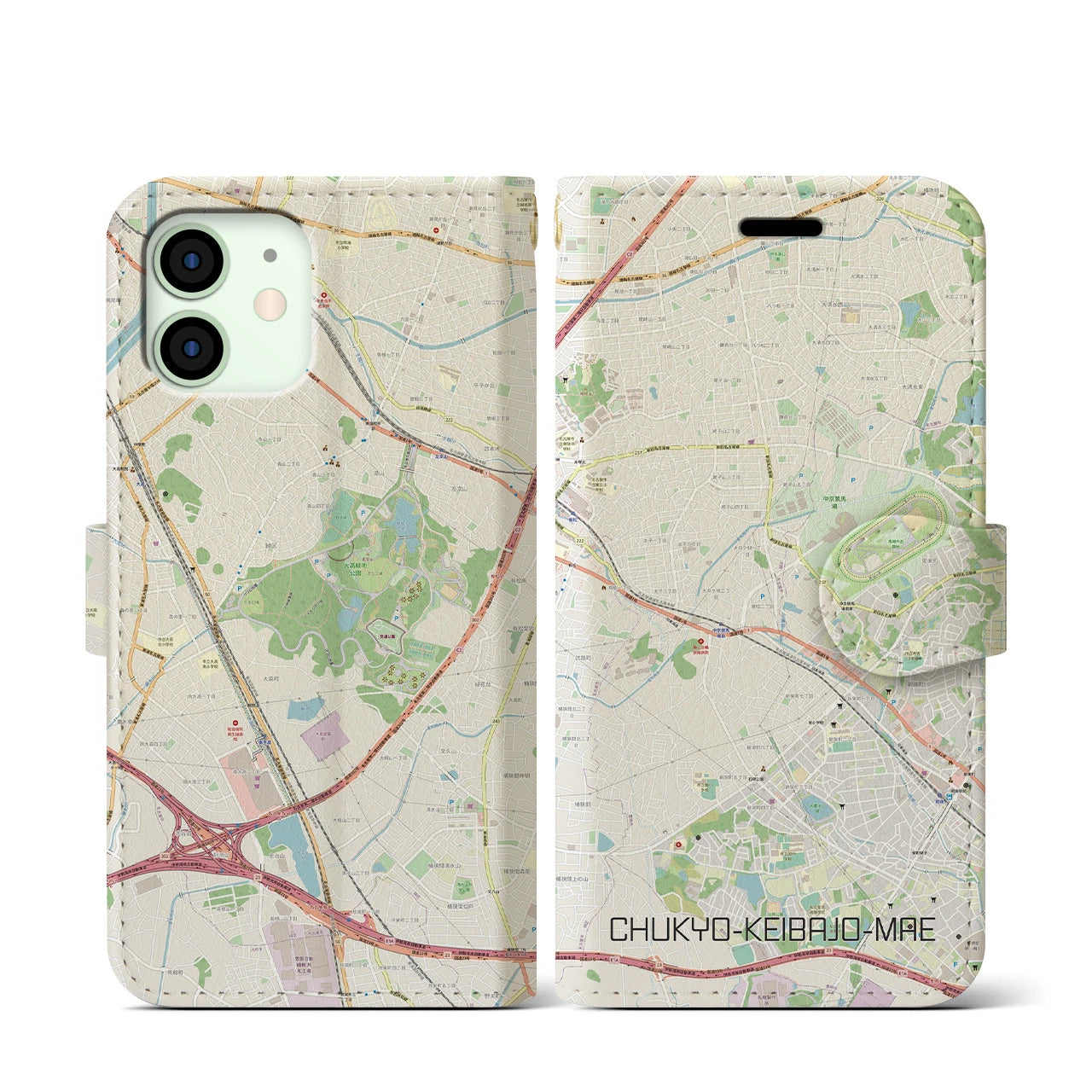 【中京競馬場前】地図柄iPhoneケース（手帳両面タイプ・ナチュラル）iPhone 12 mini 用