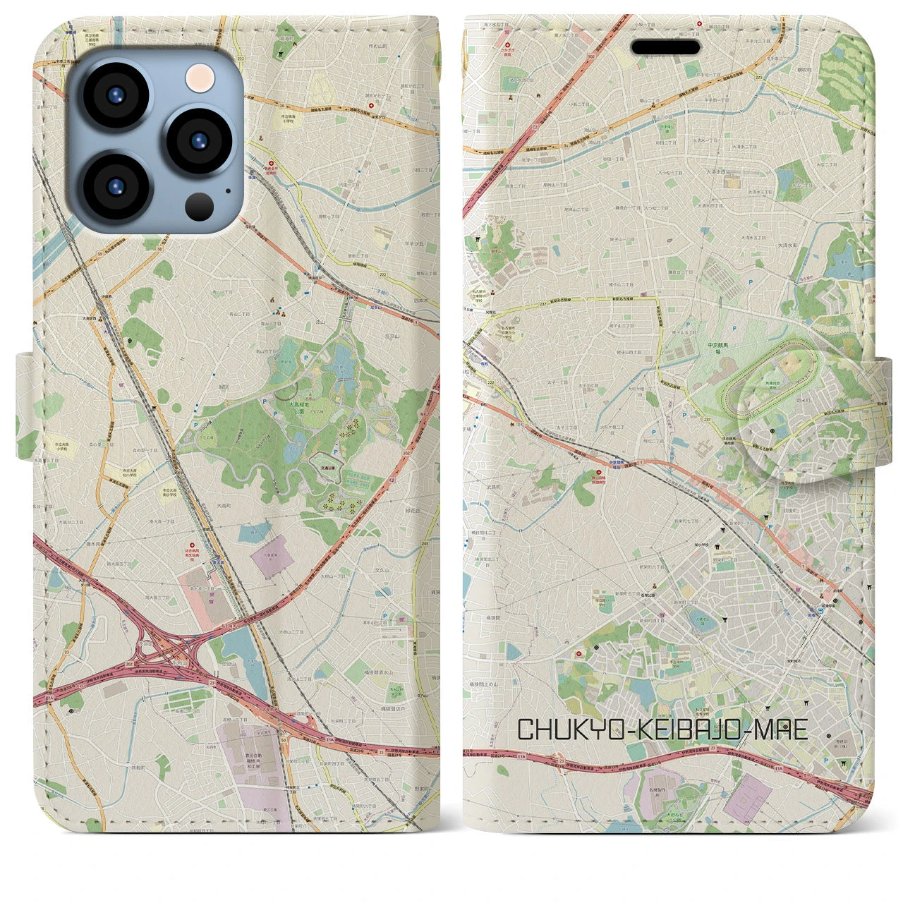 【中京競馬場前】地図柄iPhoneケース（手帳両面タイプ・ナチュラル）iPhone 13 Pro Max 用