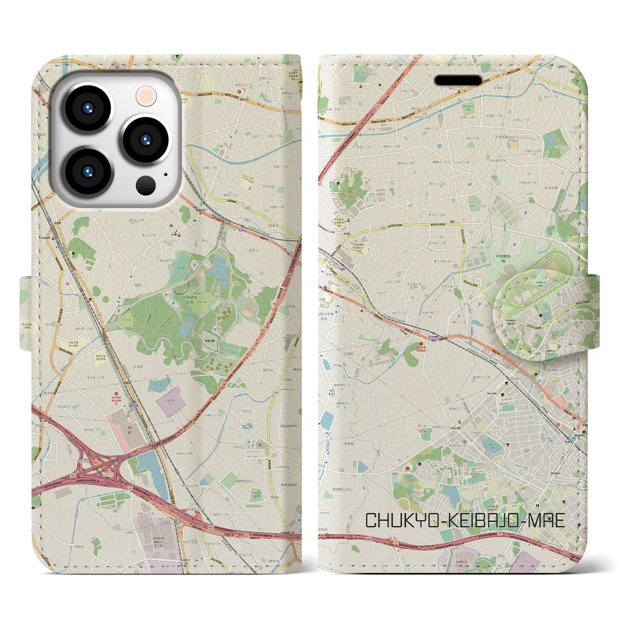 【中京競馬場前】地図柄iPhoneケース（手帳両面タイプ・ナチュラル）iPhone 13 Pro 用