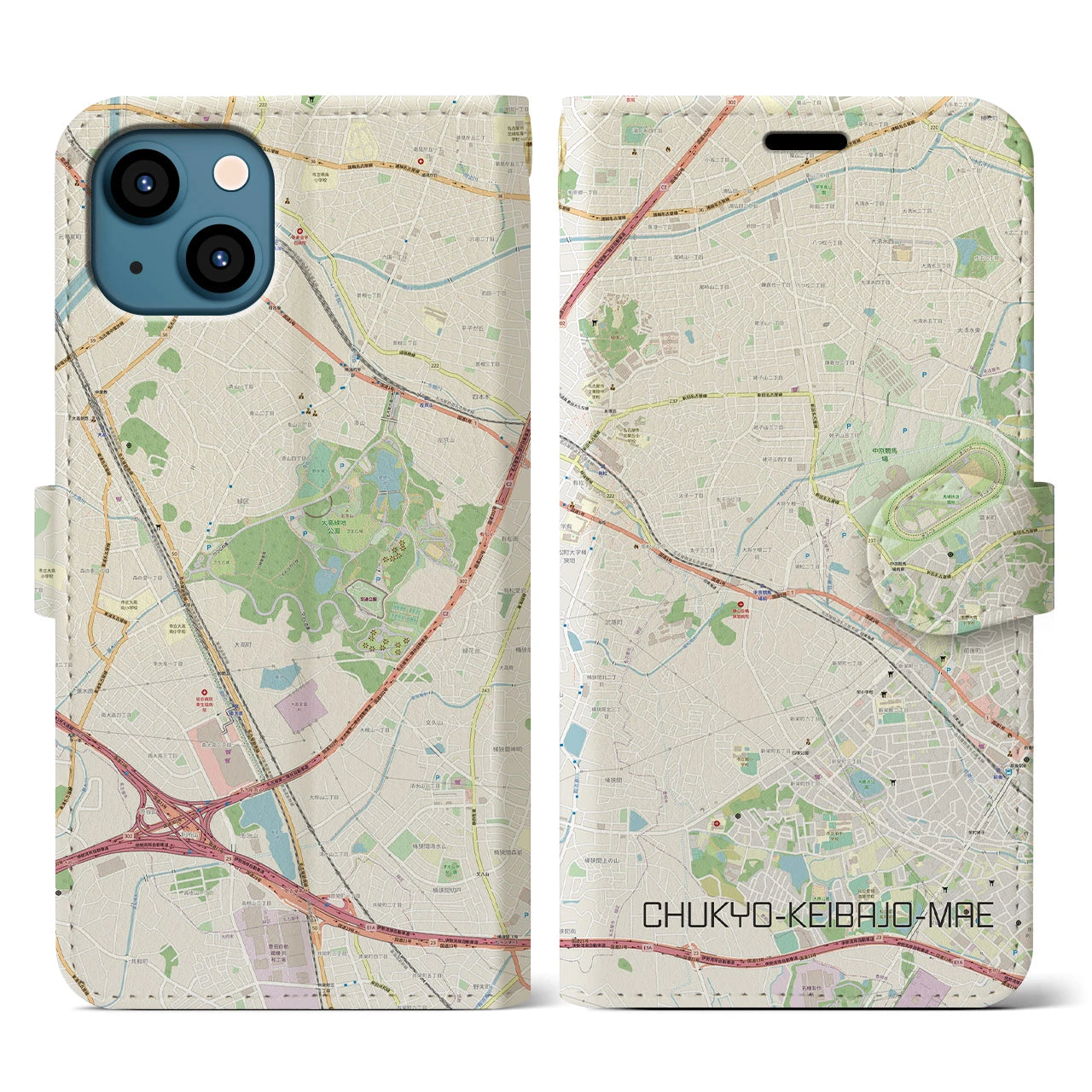 【中京競馬場前】地図柄iPhoneケース（手帳両面タイプ・ナチュラル）iPhone 13 用