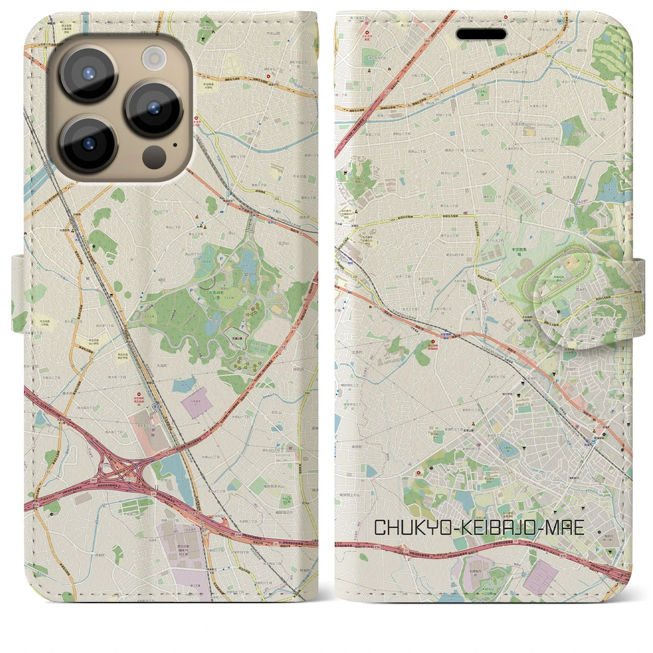 【中京競馬場前】地図柄iPhoneケース（手帳両面タイプ・ナチュラル）iPhone 14 Pro Max 用