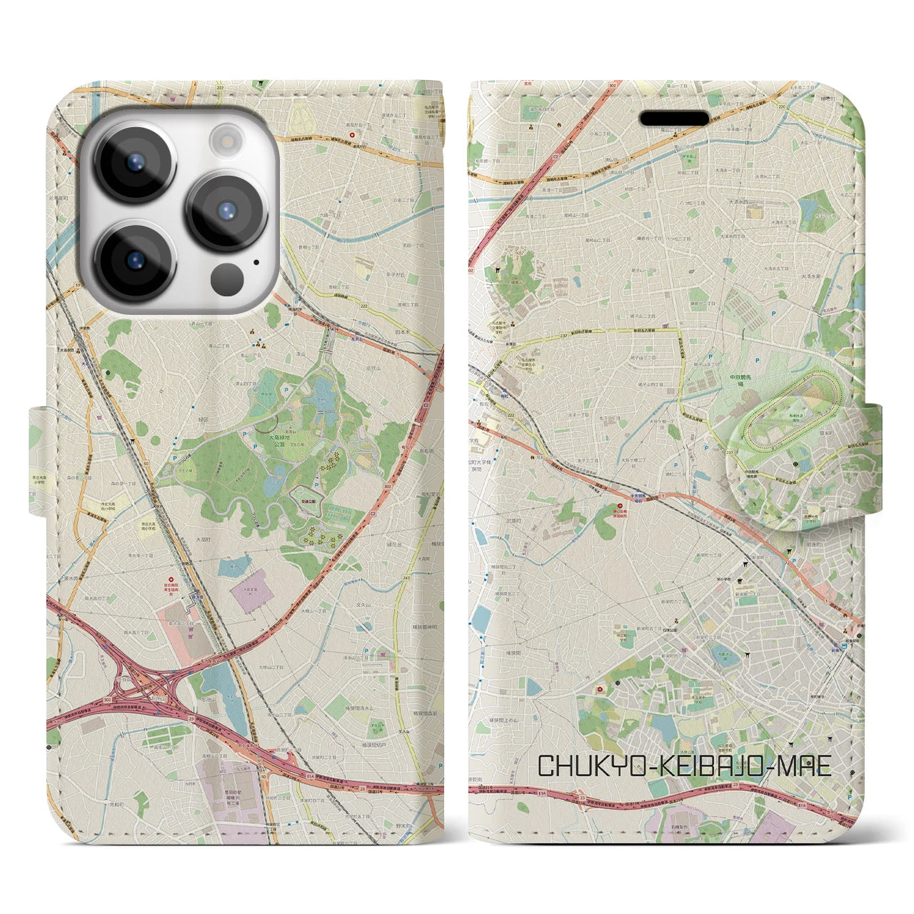 【中京競馬場前】地図柄iPhoneケース（手帳両面タイプ・ナチュラル）iPhone 14 Pro 用