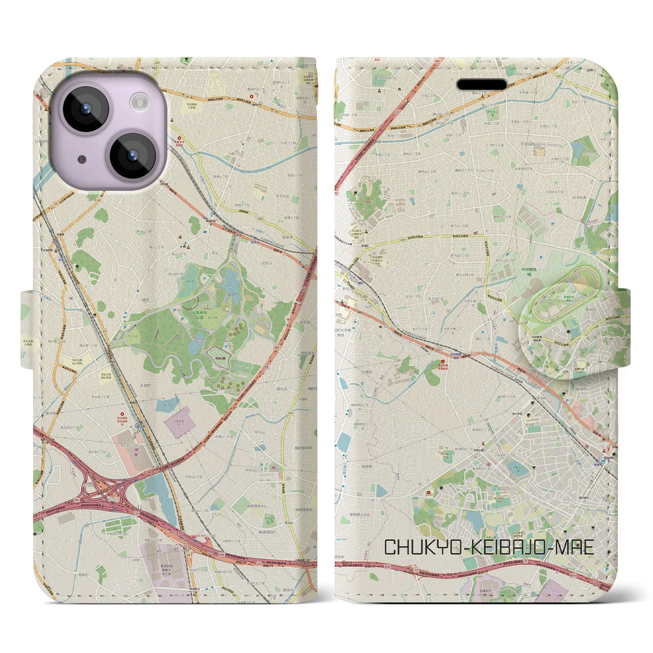 【中京競馬場前】地図柄iPhoneケース（手帳両面タイプ・ナチュラル）iPhone 14 用