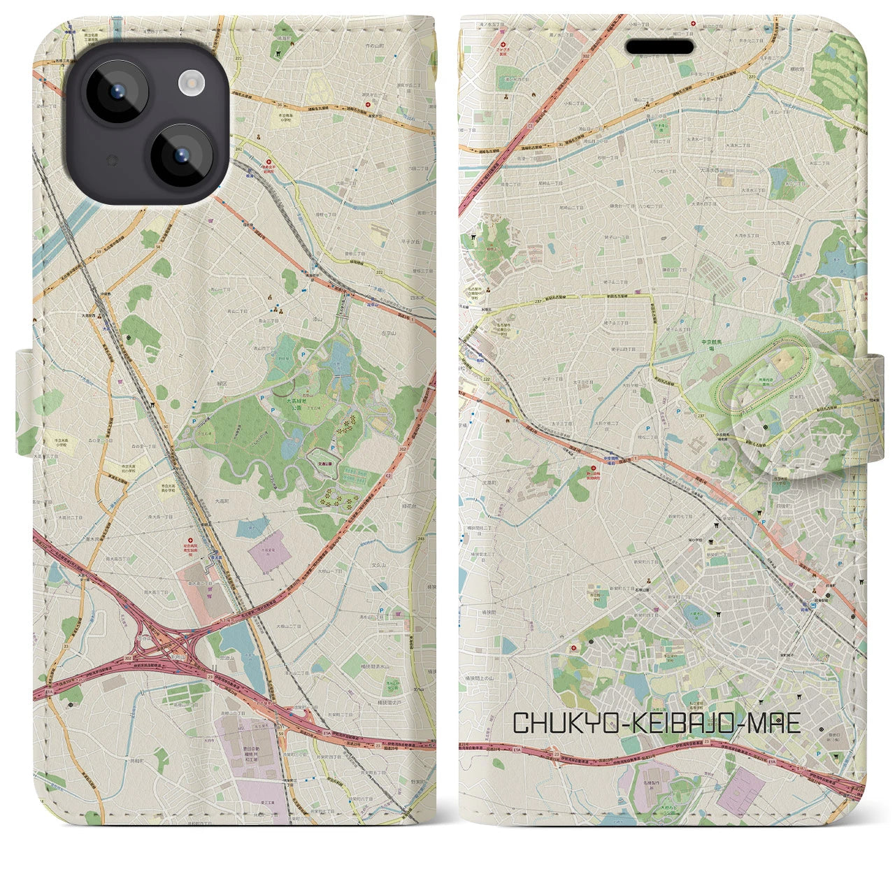 【中京競馬場前】地図柄iPhoneケース（手帳両面タイプ・ナチュラル）iPhone 14 Plus 用