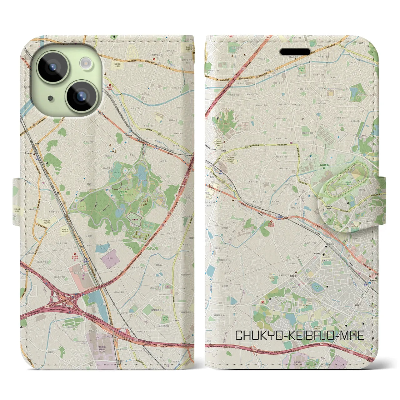【中京競馬場前】地図柄iPhoneケース（手帳両面タイプ・ナチュラル）iPhone 15 用
