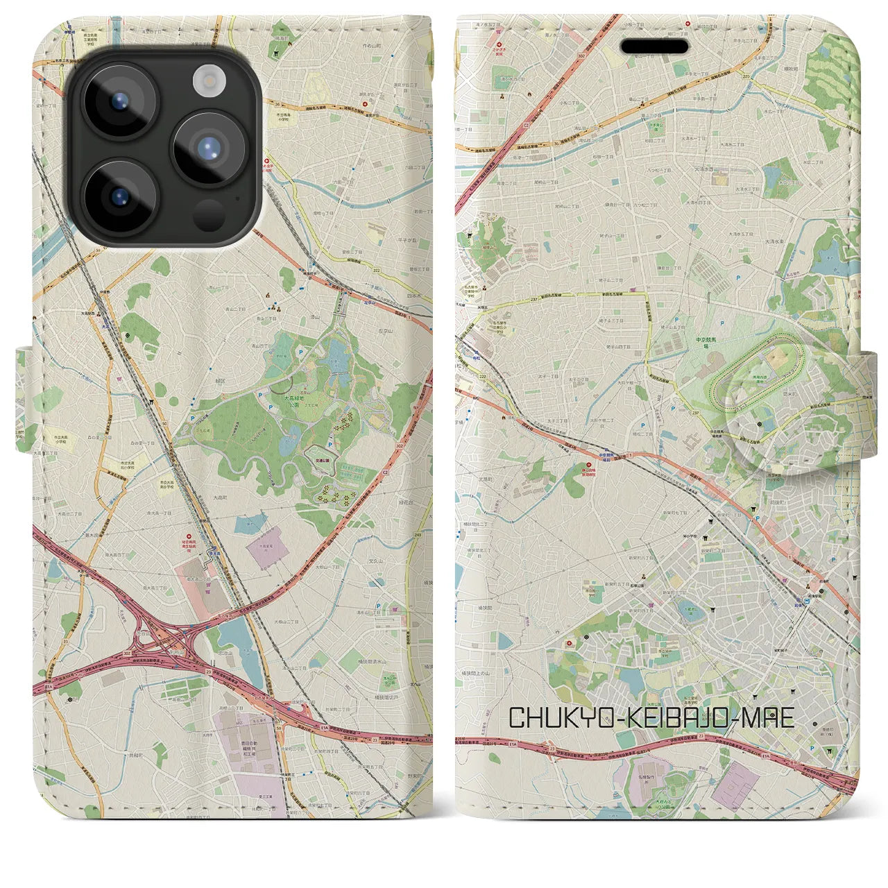 【中京競馬場前】地図柄iPhoneケース（手帳両面タイプ・ナチュラル）iPhone 15 Pro Max 用