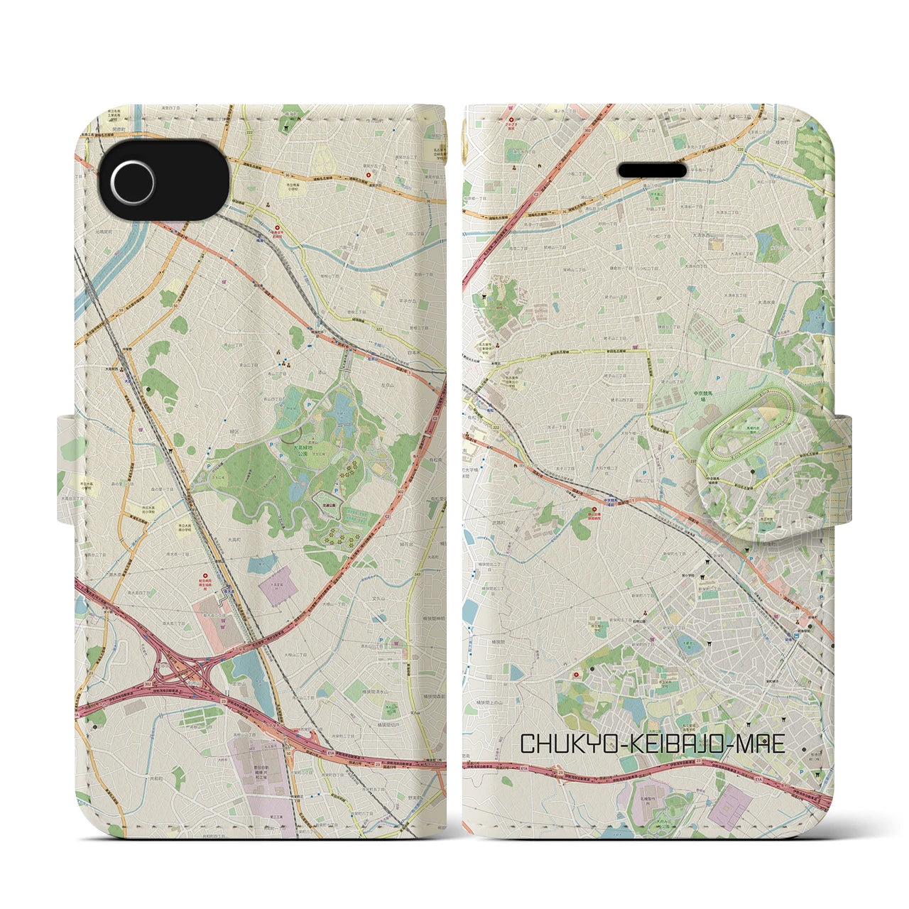 【中京競馬場前】地図柄iPhoneケース（手帳両面タイプ・ナチュラル）iPhone SE（第3 / 第2世代） / 8 / 7 / 6s / 6 用