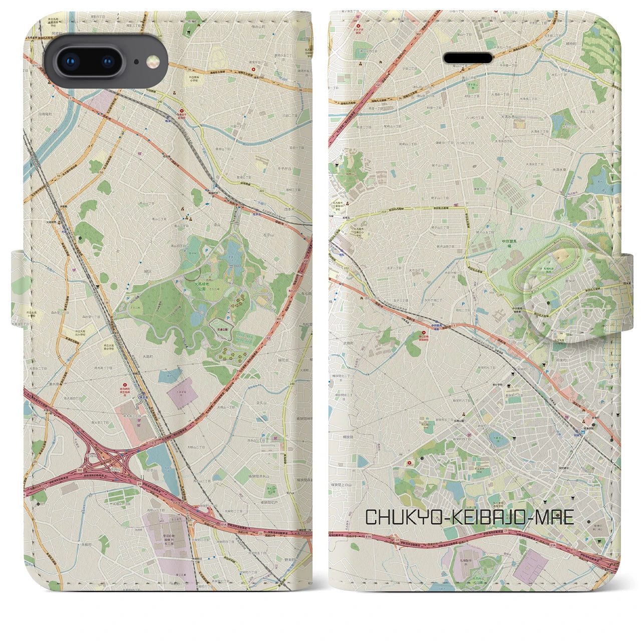 【中京競馬場前】地図柄iPhoneケース（手帳両面タイプ・ナチュラル）iPhone 8Plus /7Plus / 6sPlus / 6Plus 用