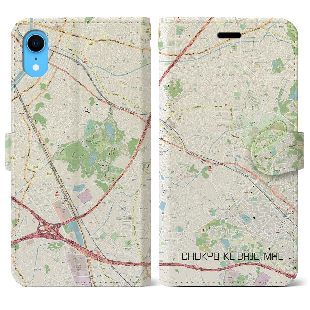 【中京競馬場前】地図柄iPhoneケース（手帳両面タイプ・ナチュラル）iPhone XR 用