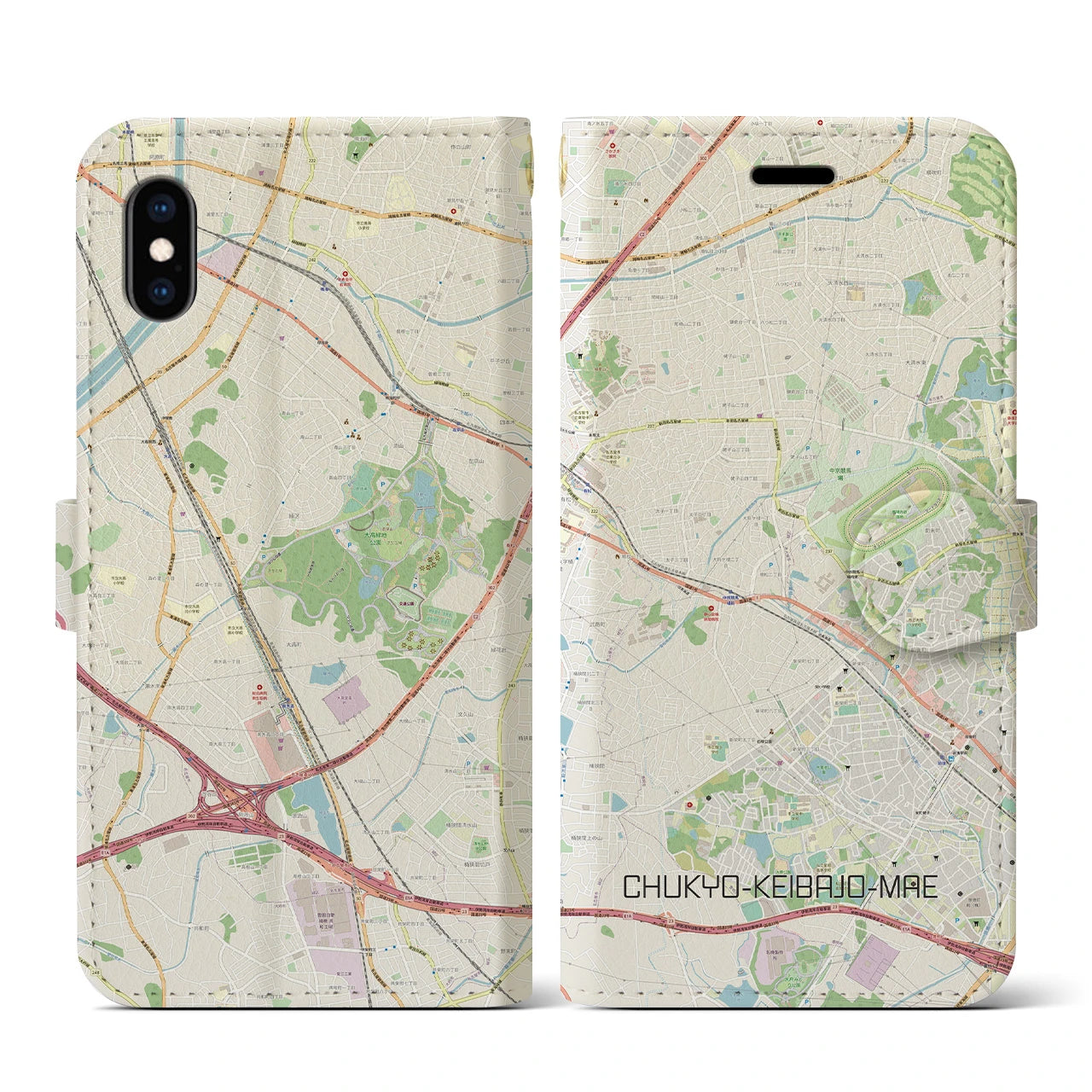 【中京競馬場前】地図柄iPhoneケース（手帳両面タイプ・ナチュラル）iPhone XS / X 用