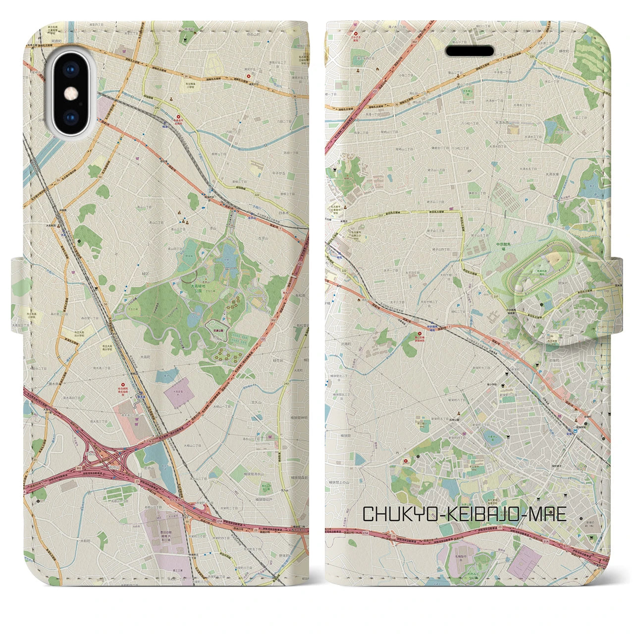 【中京競馬場前】地図柄iPhoneケース（手帳両面タイプ・ナチュラル）iPhone XS Max 用
