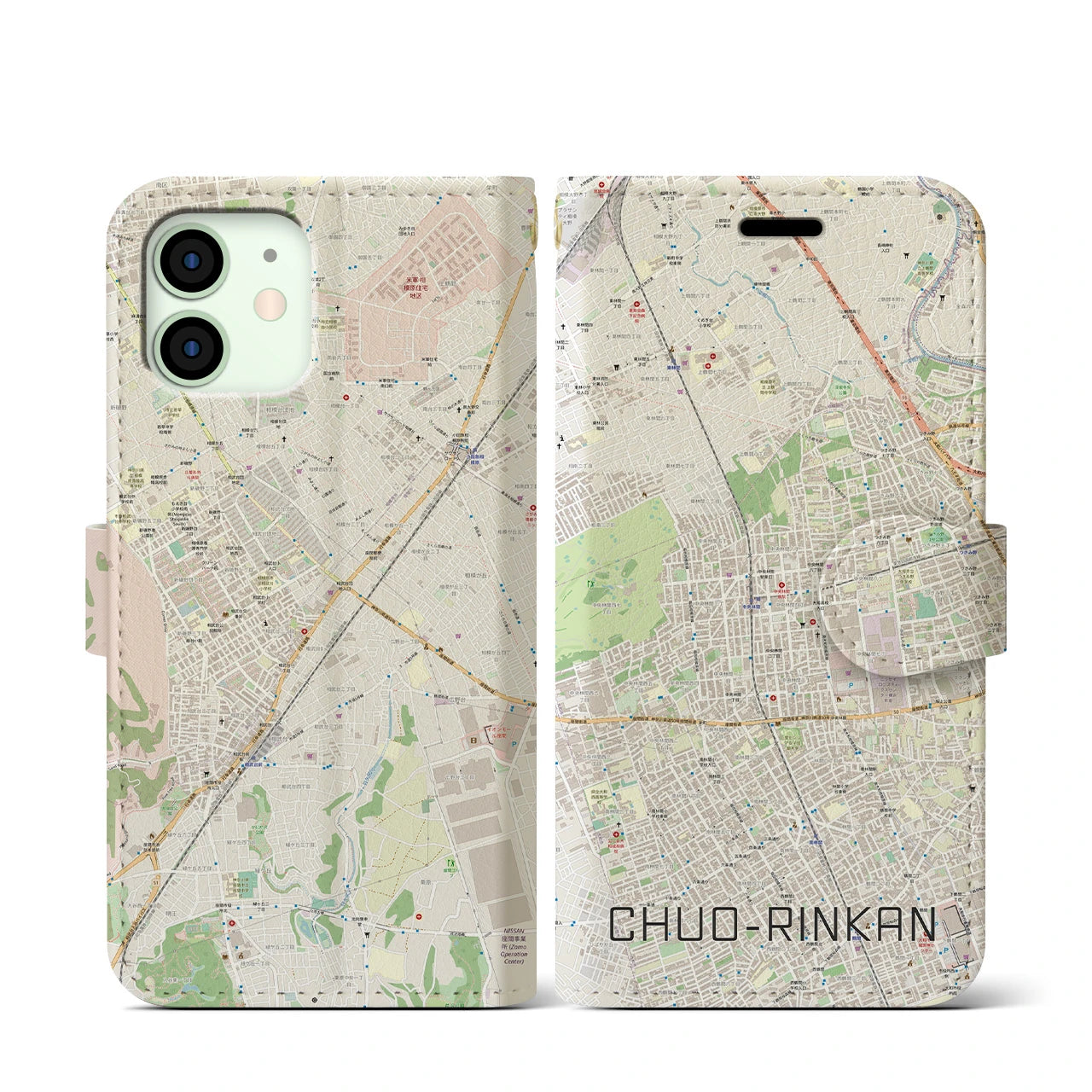 【中央林間】地図柄iPhoneケース（手帳両面タイプ・ナチュラル）iPhone 12 mini 用
