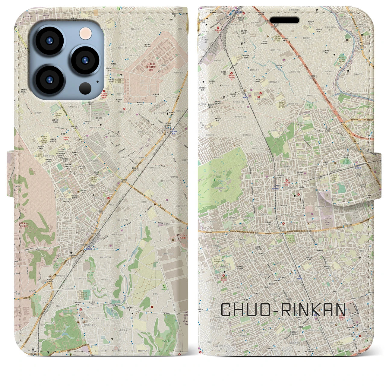 【中央林間】地図柄iPhoneケース（手帳両面タイプ・ナチュラル）iPhone 13 Pro Max 用