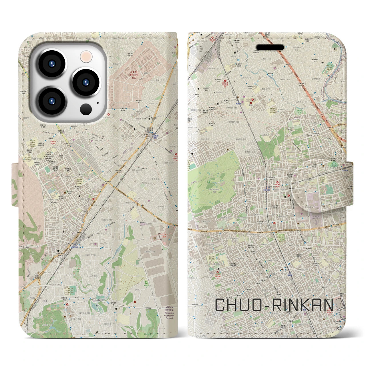 【中央林間】地図柄iPhoneケース（手帳両面タイプ・ナチュラル）iPhone 13 Pro 用