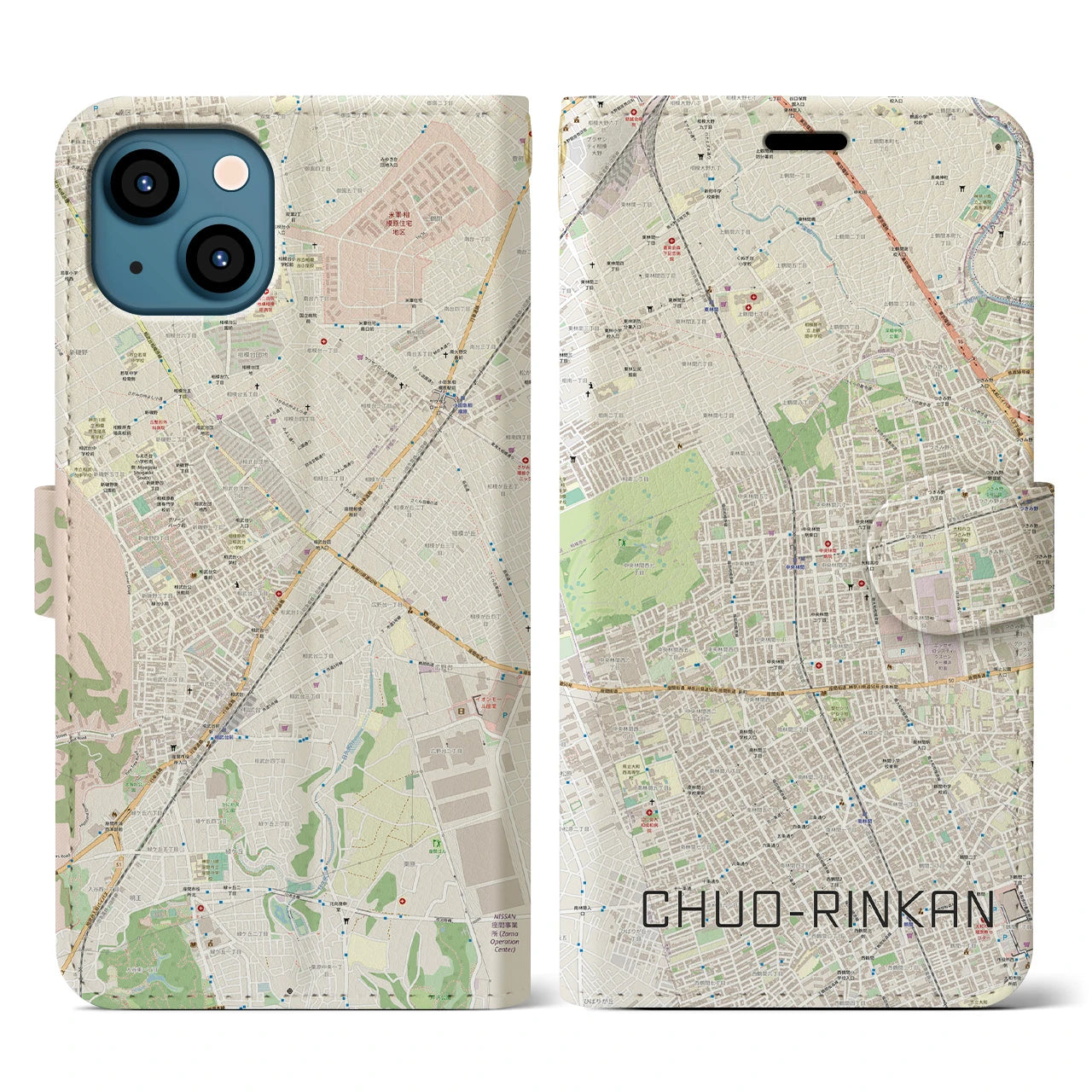 【中央林間】地図柄iPhoneケース（手帳両面タイプ・ナチュラル）iPhone 13 用