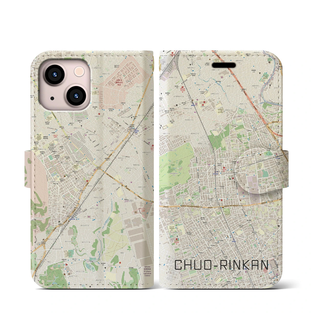 【中央林間】地図柄iPhoneケース（手帳両面タイプ・ナチュラル）iPhone 13 mini 用