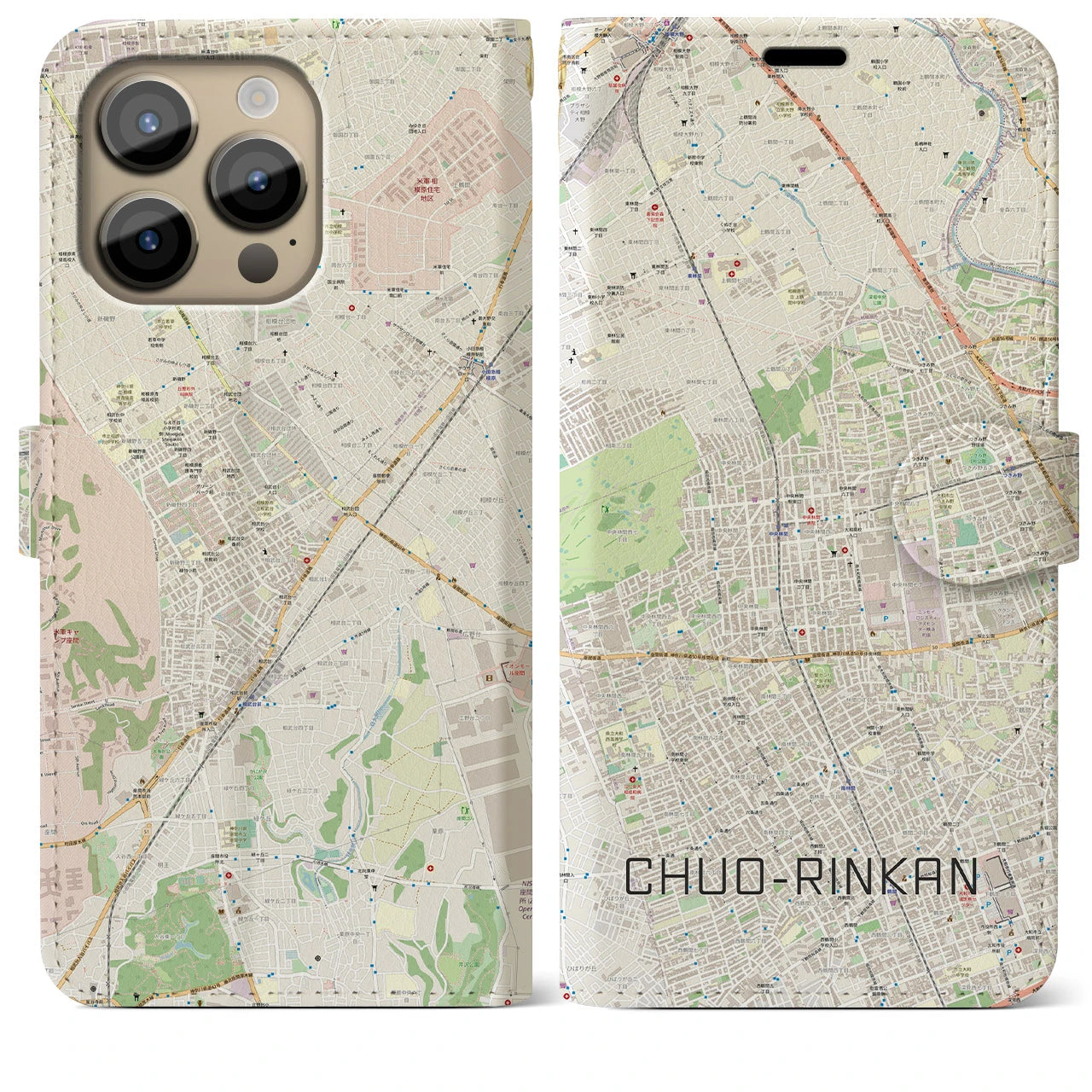 【中央林間】地図柄iPhoneケース（手帳両面タイプ・ナチュラル）iPhone 14 Pro Max 用