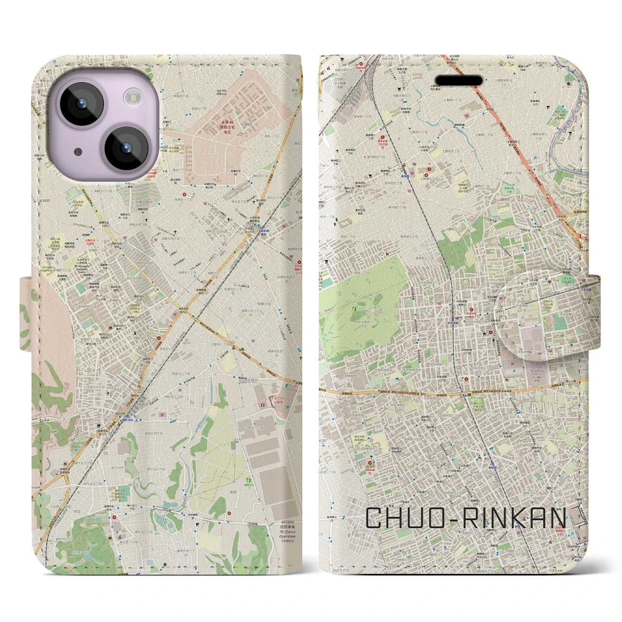 【中央林間】地図柄iPhoneケース（手帳両面タイプ・ナチュラル）iPhone 14 用