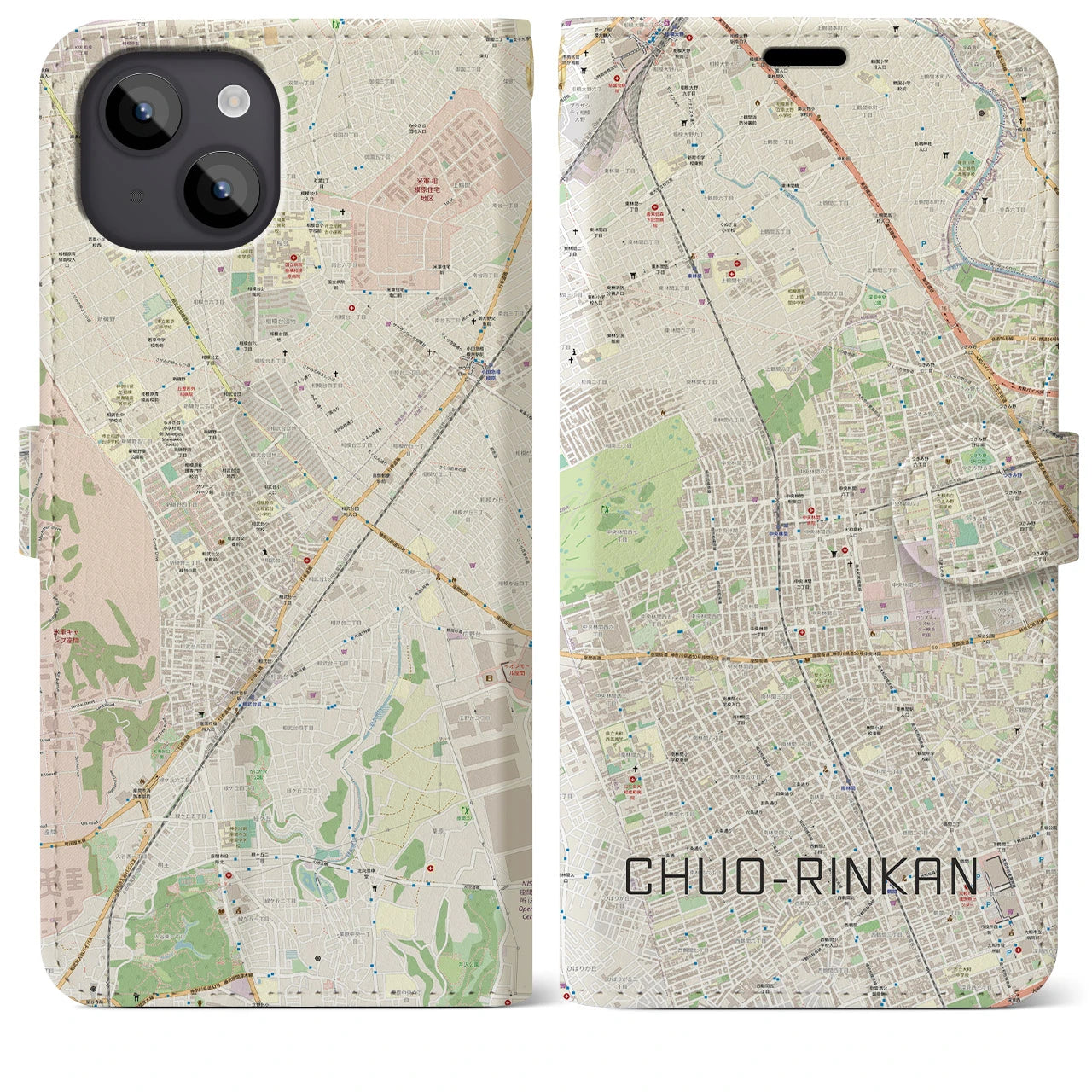 【中央林間】地図柄iPhoneケース（手帳両面タイプ・ナチュラル）iPhone 14 Plus 用