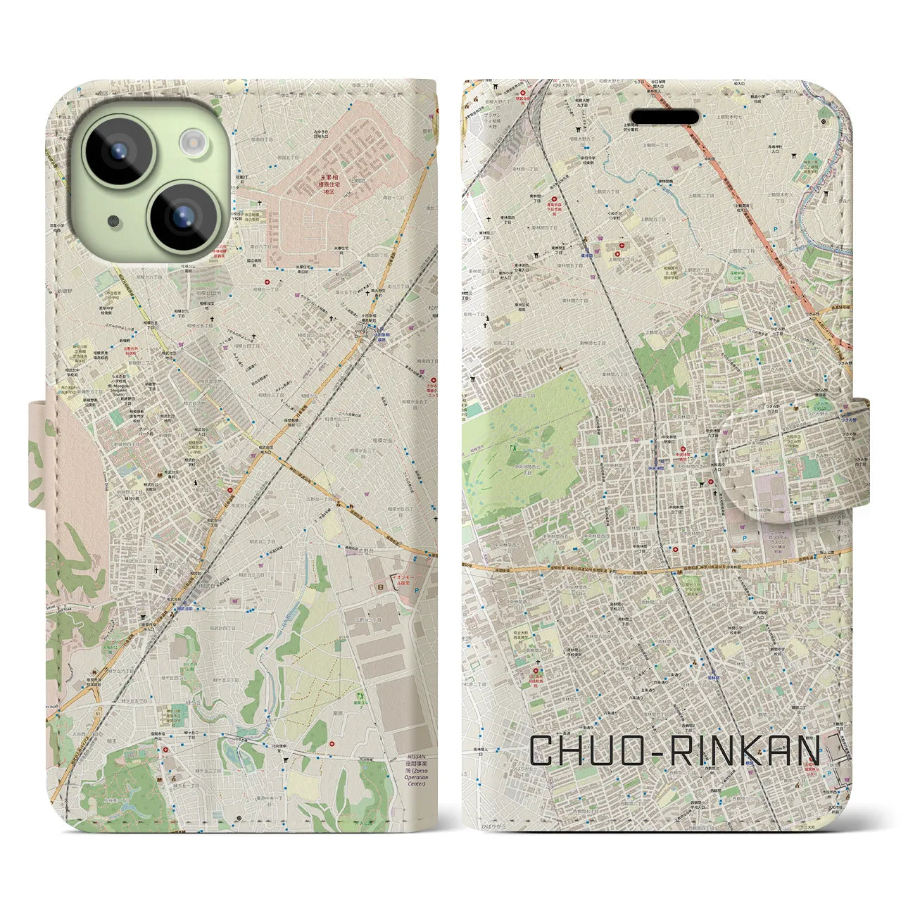 【中央林間】地図柄iPhoneケース（手帳両面タイプ・ナチュラル）iPhone 15 用