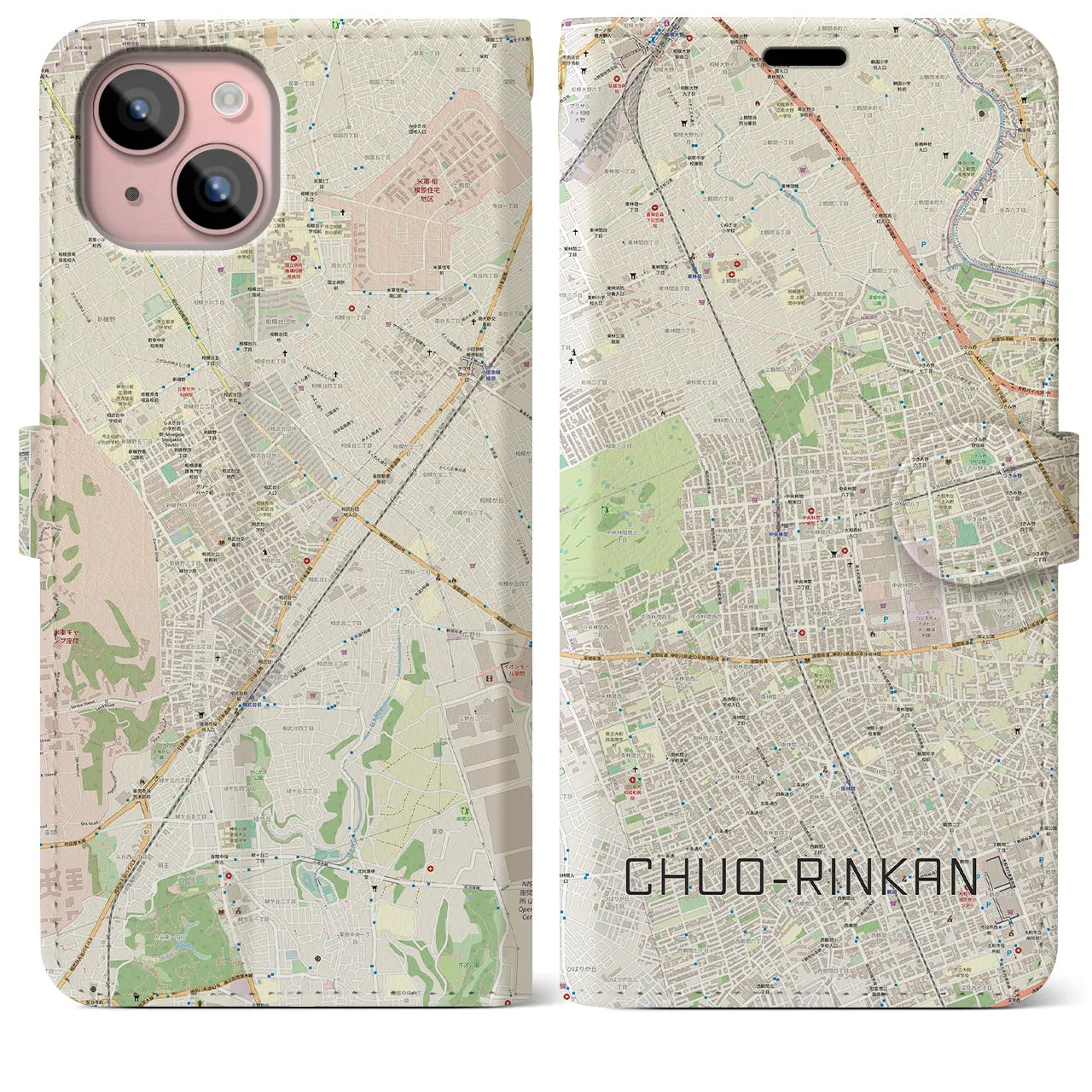 【中央林間】地図柄iPhoneケース（手帳両面タイプ・ナチュラル）iPhone 15 Plus 用