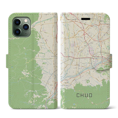 【中央（山梨県）】地図柄iPhoneケース（手帳タイプ）ナチュラル・iPhone 11 Pro 用