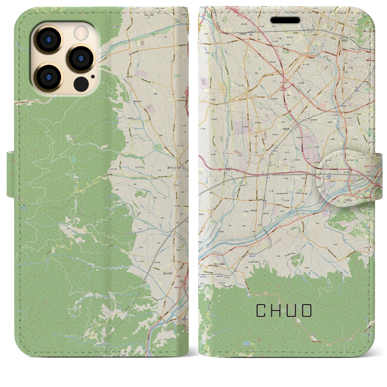 【中央】地図柄iPhoneケース（手帳両面タイプ・ナチュラル）iPhone 12 Pro Max 用