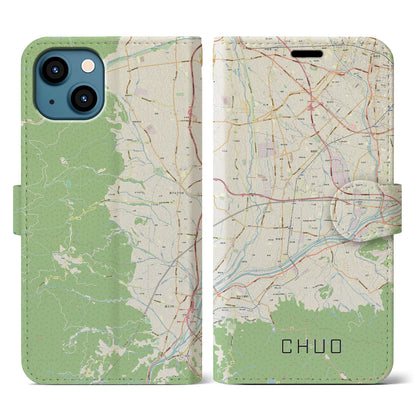 【中央（山梨県）】地図柄iPhoneケース（手帳タイプ）ナチュラル・iPhone 13 用