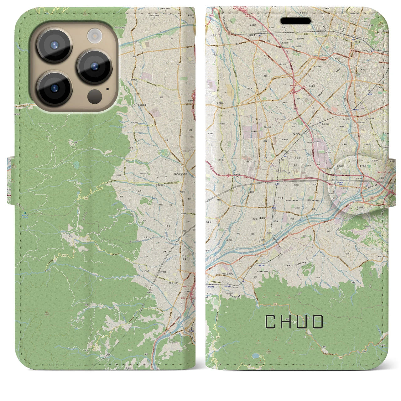 【中央】地図柄iPhoneケース（手帳両面タイプ・ナチュラル）iPhone 14 Pro Max 用