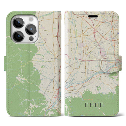 【中央（山梨県）】地図柄iPhoneケース（手帳タイプ）ナチュラル・iPhone 14 Pro 用